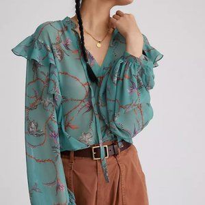 Anthropologie Caballero Sheer Ruffled Blouse Top S NEW Lemur Animal Print $148